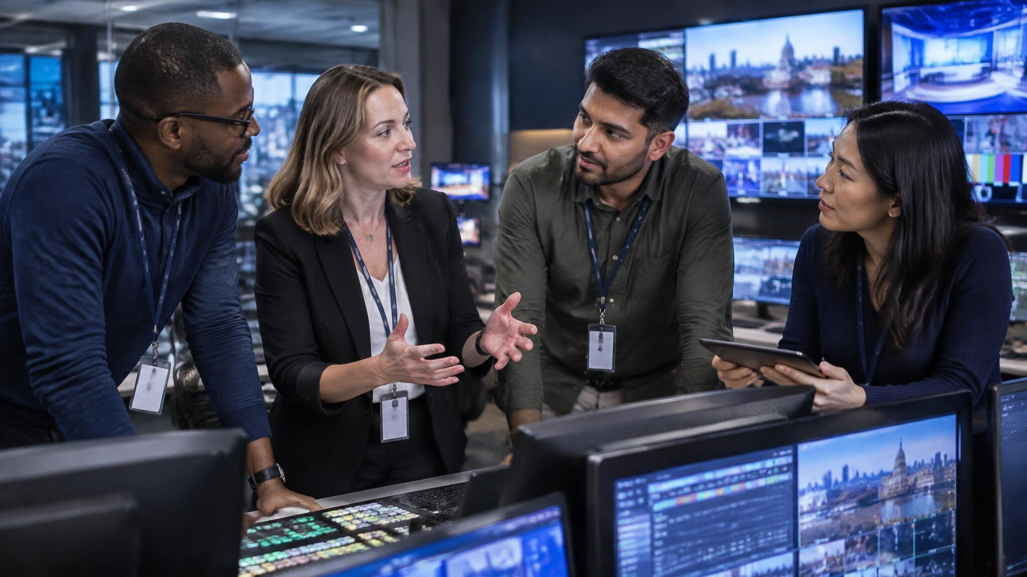 Broadcast professionals collaborating around a control desk