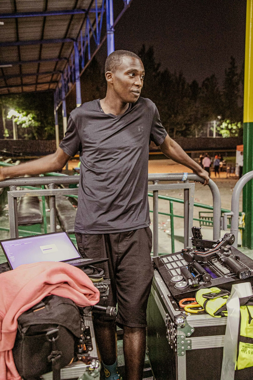 Broadcast engineer checking live signal transmission equipment