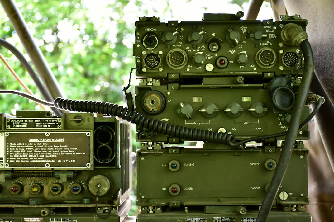 Rack of broadcast signal transmission equipment with indicator lights