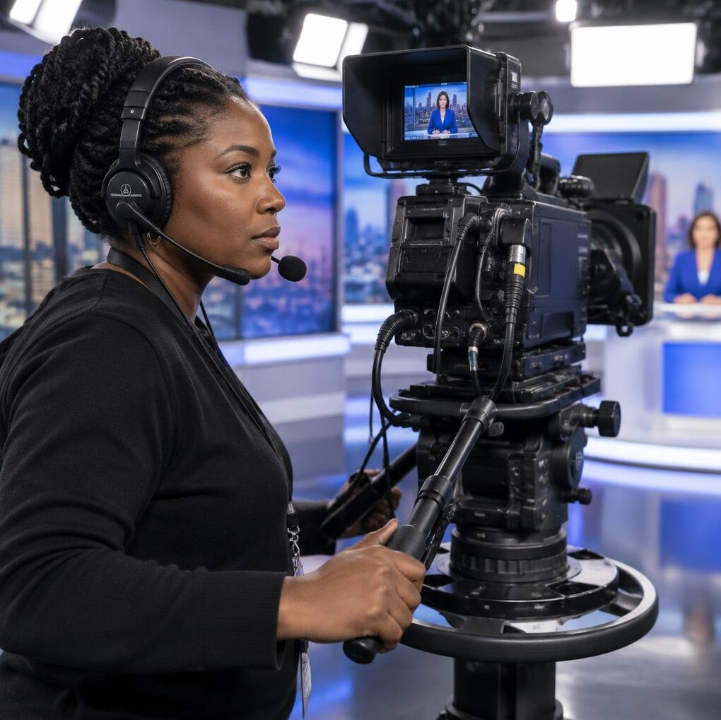 Camera operator filming a news segment in a television studio