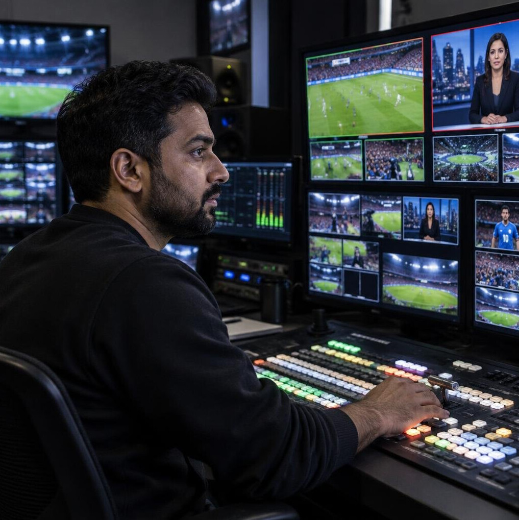 Video editor at a vision mixing desk with multiple monitors